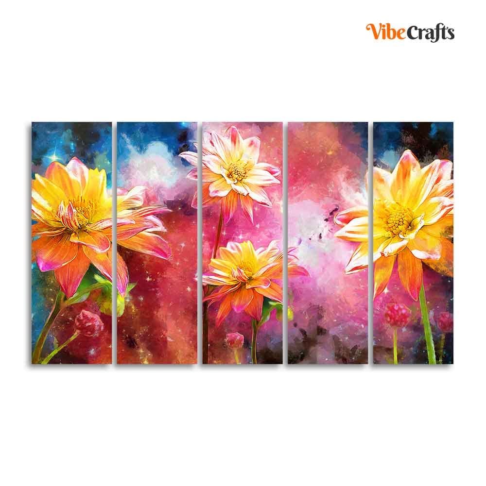 VIBECRAFTS Yellow Flower Canvas Wall Painting of Five Pieces For Home|Office|Living Room|Gift (PTVC5Pcs4_8664)