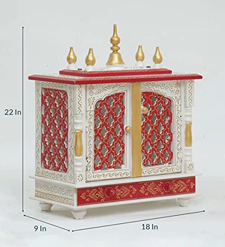 Jodhpur Handicrafts MDF Wood Home Temple Puja Mandir Home Temple Pooja Mandir with Door Pooja Room Stand (18 inch x 9 inch x 22 inch, White & Red)