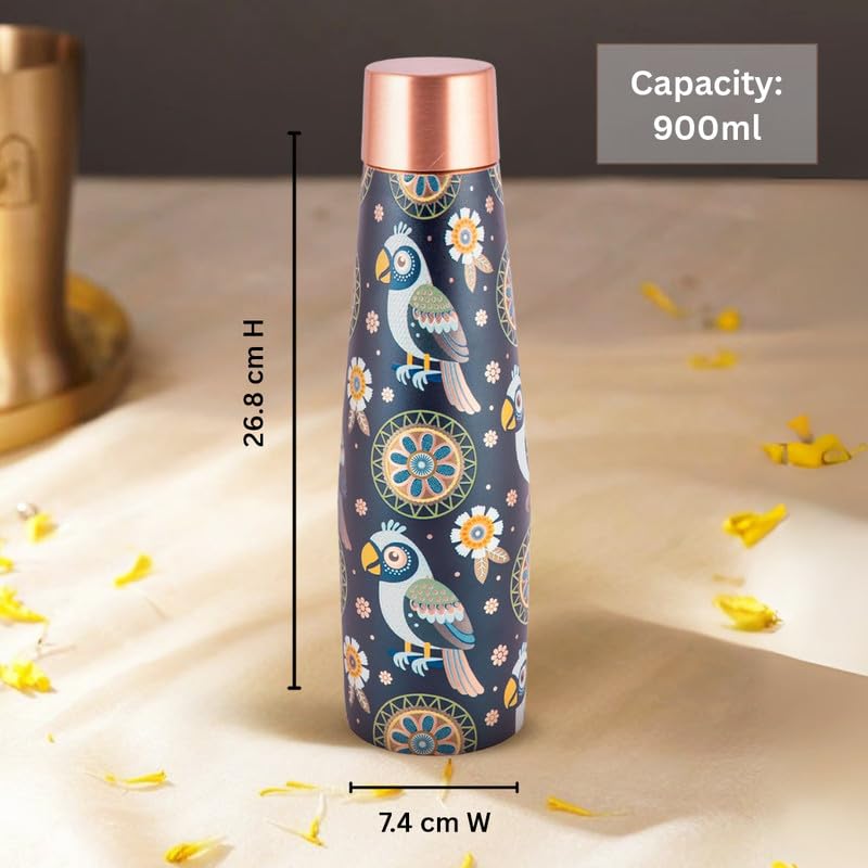 Vip luxe Copper Bottle | Bird Motif | UV Printed Design | Pure Copper Water Bottle for Health & Wellness | 900 ml Capacity