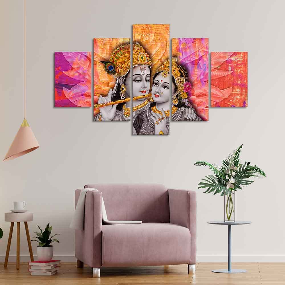 VIBECRAFTS Colorful Wall Painting of Radha Krishna of Five Pieces For Home|Office|Living Room|Gift (PTVC5Pcs1_5542)