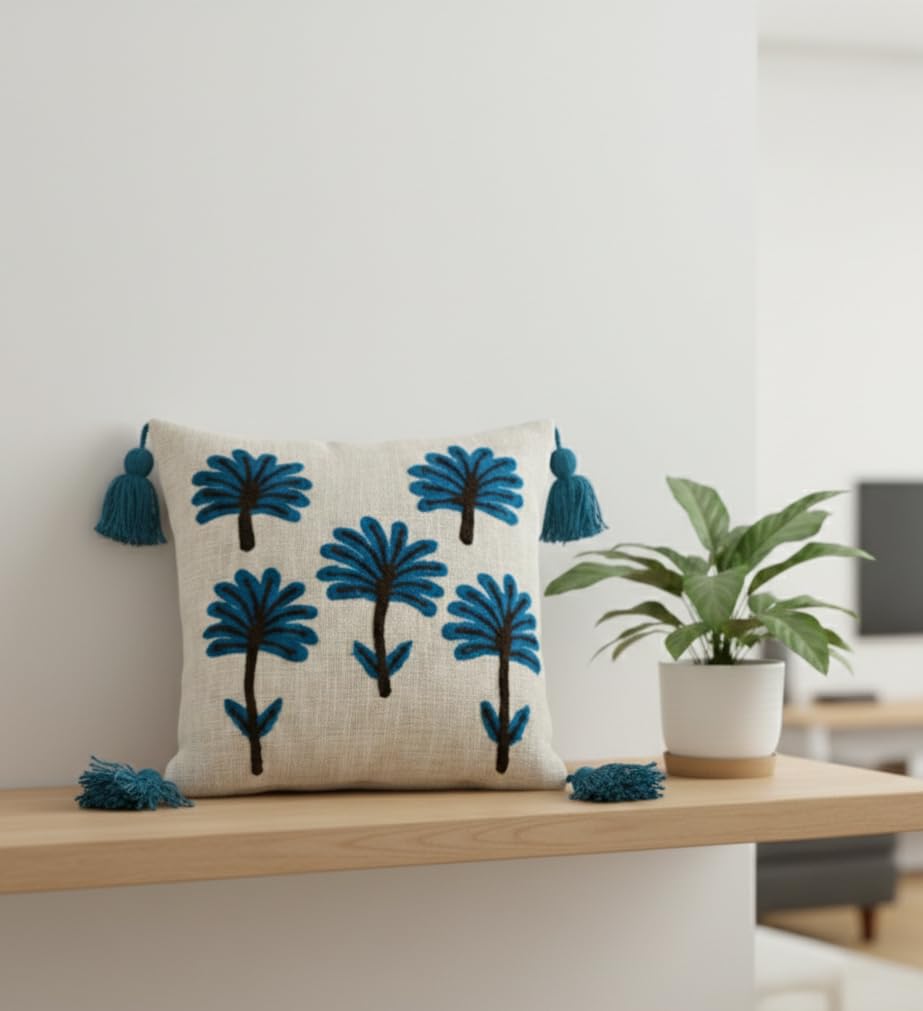 Furnistitchs Handmade Tufted Boho Cushion Covers 12x12 Inches | Embroidered Sofa Pillow Cases | Rustic Bohemian Decorative Throw Cushions for Couch Bedroom Living Room (1, Navy Palms)
