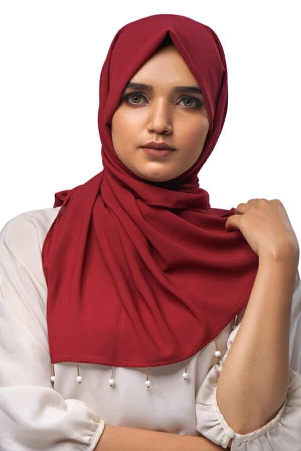 Urshia Georgette Hijab for Women - Pearl and Moti Latkan Design With Diamond Accents (Red)