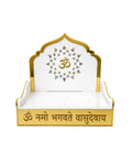 Acrylic Pooja Singhasan for Home Temple | White & Gold Mandir Chowki with Om Design | Krishna Laddu Gopal Singhasan | Decorative Acrylic Temple Seat for Pooja Room & Festive Decor. (8 * 9)