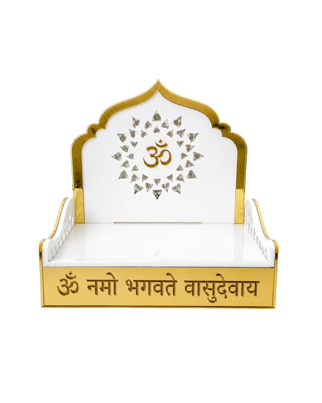 Acrylic Pooja Singhasan for Home Temple | White & Gold Mandir Chowki with Om Design | Krishna Laddu Gopal Singhasan | Decorative Acrylic Temple Seat for Pooja Room & Festive Decor. (8 * 9)