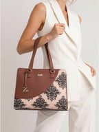 ZOUK Office Essential Bag | Jute | Vegan Leather Handcrafted Tote Bag With Double Handle Shoulder Strap | Mughal Motif