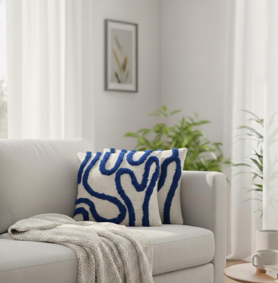 Furnistitchs Premium Decorative Throw Cushion Pillow Cover Boho Home Decor - Living Room Bedroom Couch Sofa Cushion Covers 16 inch x 16 inch (2, Navy Zigzag)