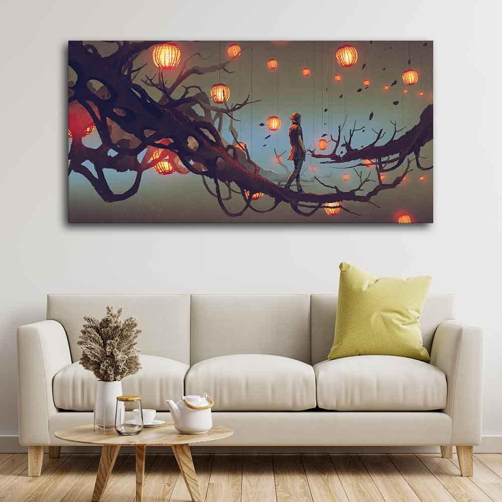 VIBECRAFTS Canvas Paintings for Living Room Beautiful Wall Painting of Man Walking on Tree Fitted with Wooden Frame for Home | Office | Gift (PTVCH_2266) (48 x 24 Inches)