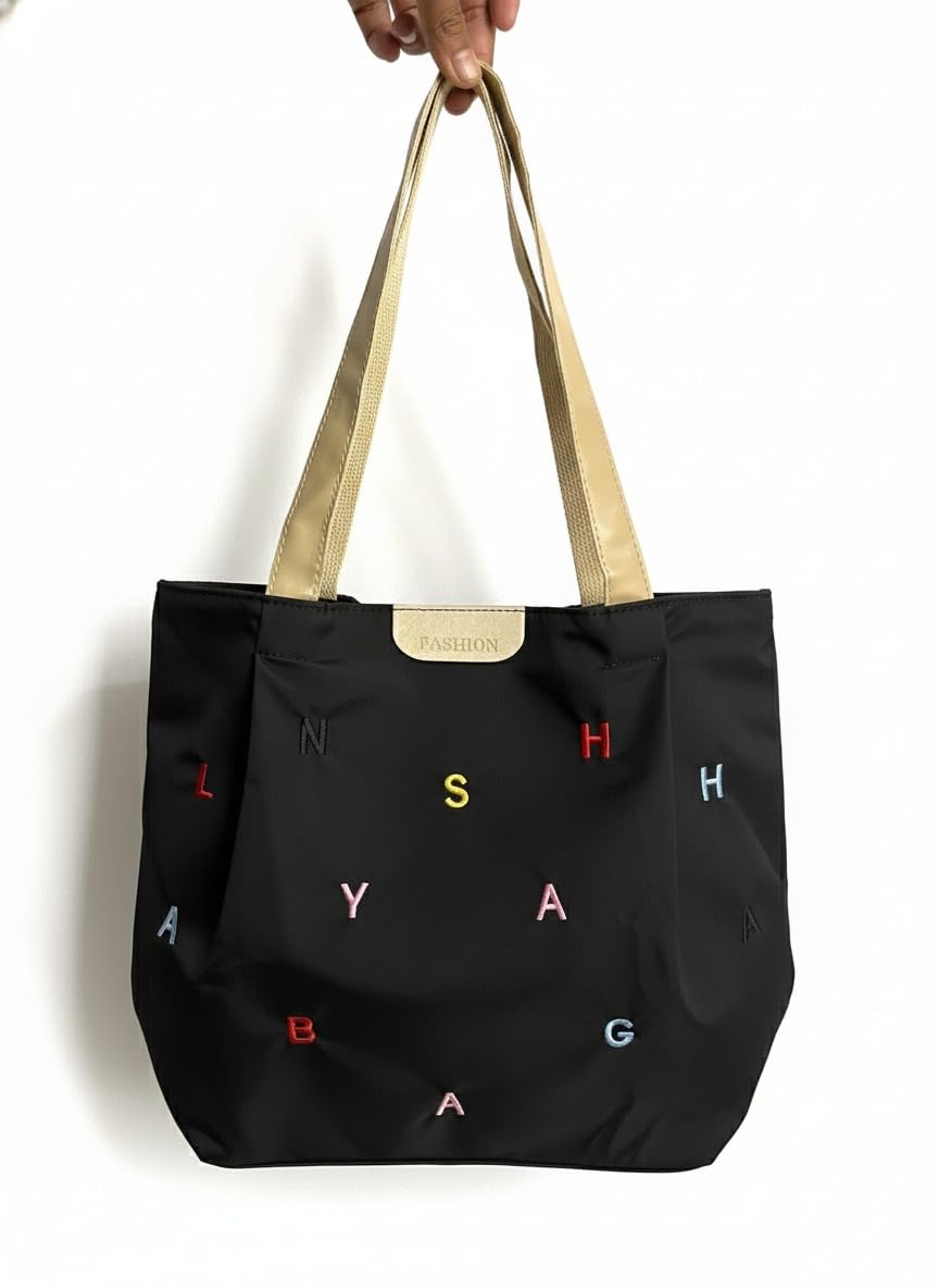 BAGILO Korean Style Heart Embroidery Tote Bag - Cute Shoulder Bag, Student Book Bag, Durable Ladies Handbag, Shopper Bag (Black)