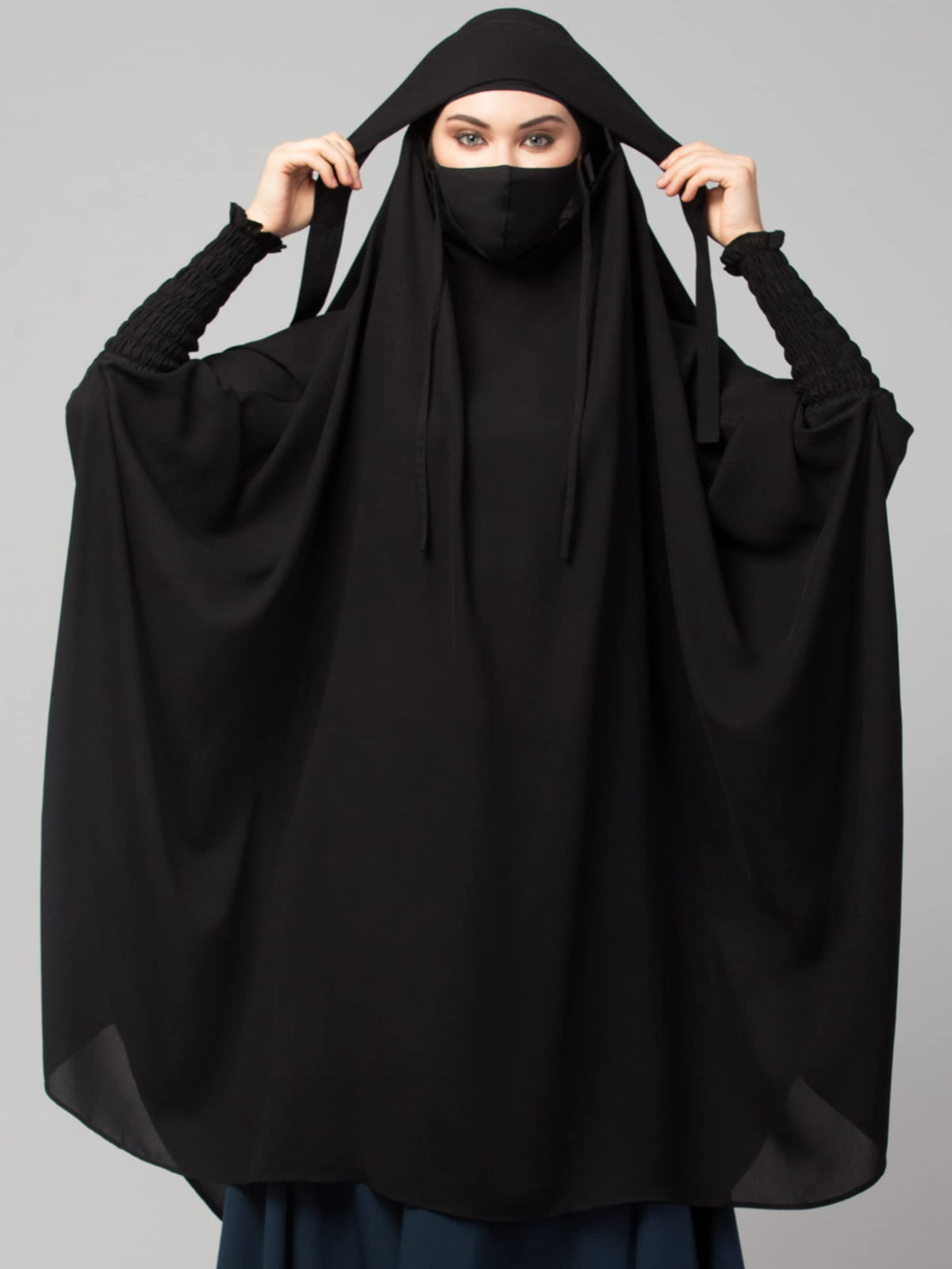 Bashariya Female Polyester Khimar-Long Prayer Headwrap Hijab With Mouth-Piece (Black)