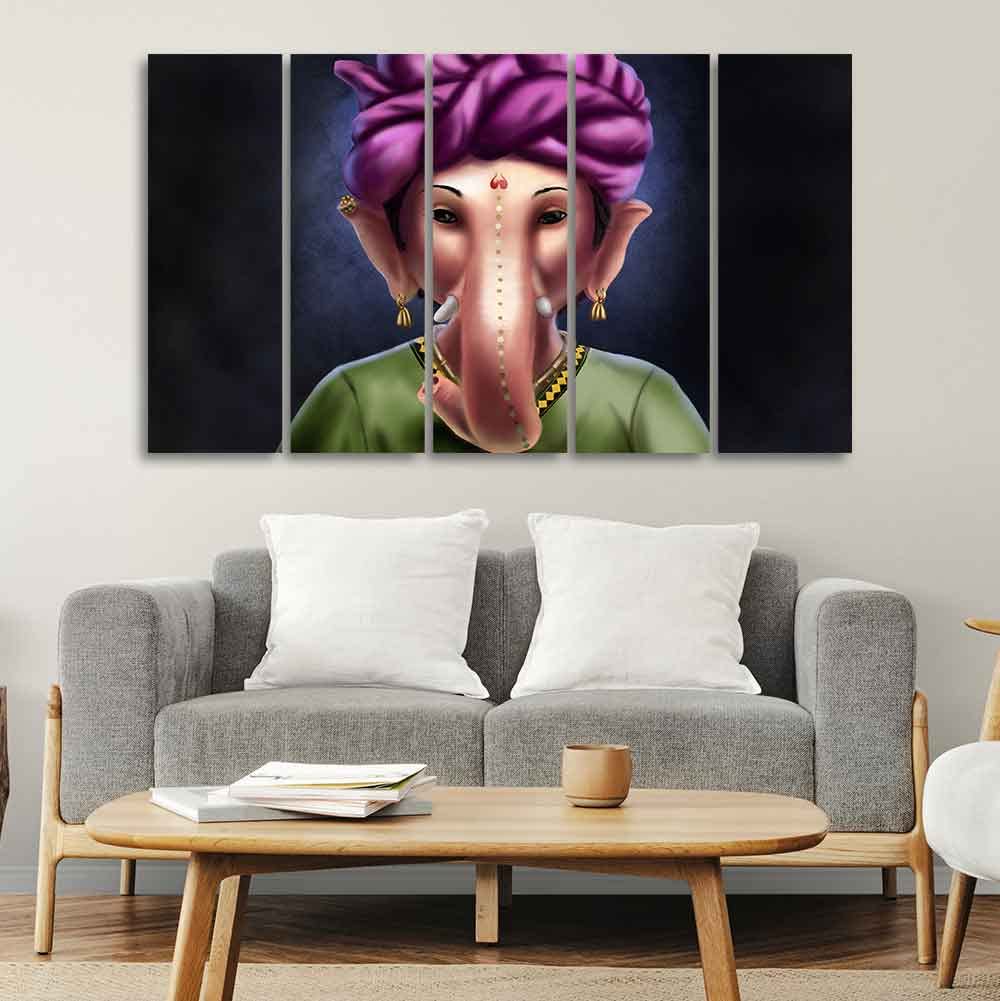 VIBECRAFTS Portrait of Ganesha Canvas Wall Painting of Five Pieces For Home|Office|Living Room|Gift (PTVC5Pcs4_8719)