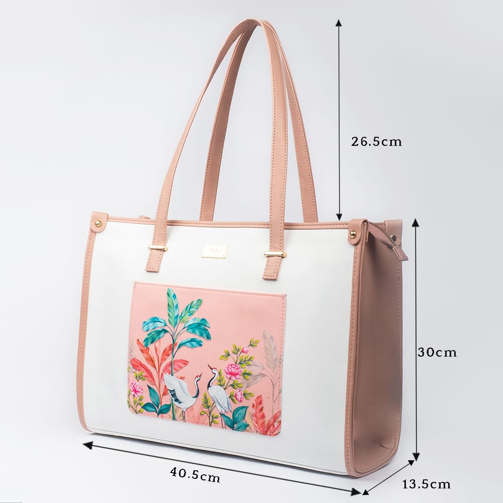 Strokes by Namrata Mehta Box Tote Bag for Women | Fits 16 Laptop | Large Tote Bag For Office Use and Work | Vegan Leather (Peachy Crane Paradise Box Tote bag)