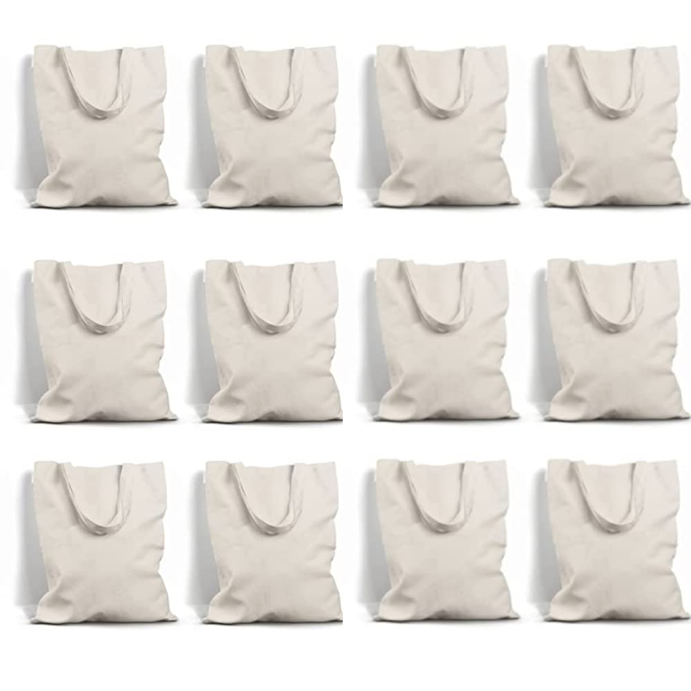 Wonder Shades Cotton Plain Canvas Shopping Tote Bag with Extra Strong Long Handle, Washable, Reusable and Ecofriendly (Pack of 12)