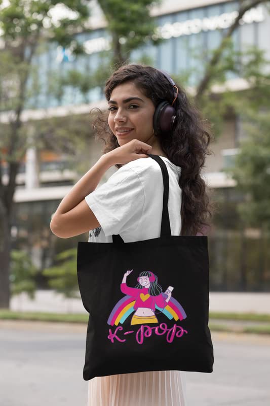 YaYaCafe BTS Printed Canvas Cotton Black Tote Bag with Zipper for Women & Girls