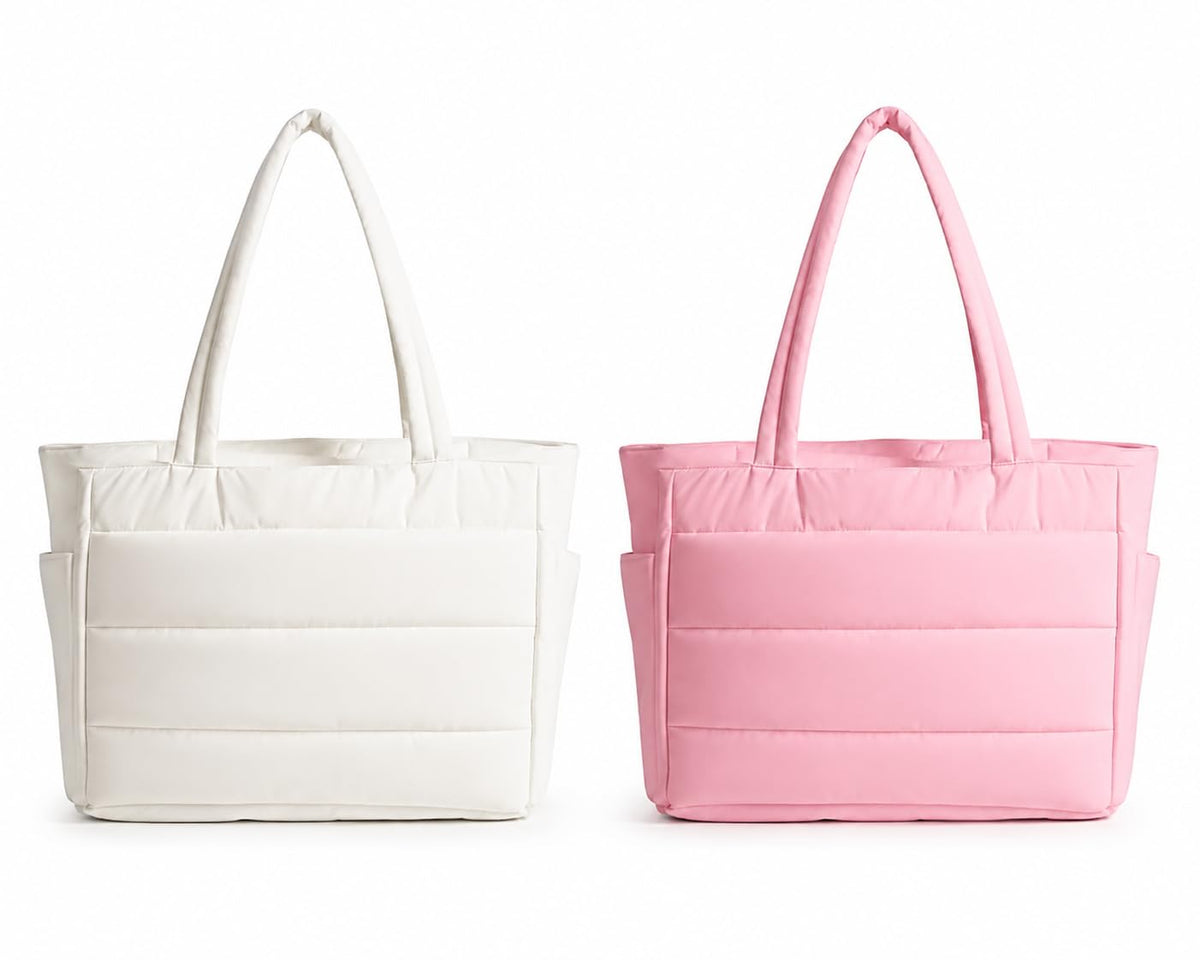 P SEVEN Puffy Tote Bag for Women, Lightweight Shoulder Handbag with Multiple Compartments, Quilted Padded Tote Bag for Travel, Work, Office, College & Daily Carry, Beige (White,Pink Colour)