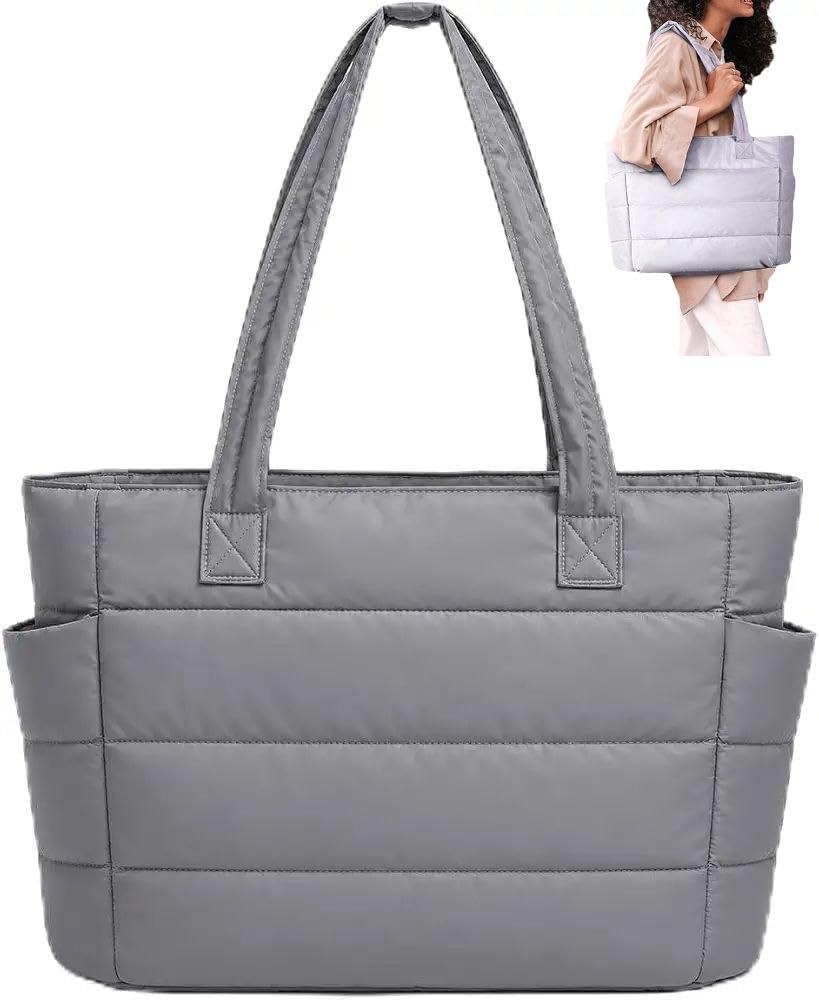 COZIESS 1Pack, Stylish Women's Office Tote Bag with Multi Compartment, Lightweight Puffy Shoulder Handbag, Large Capacity College Bag with Side Pockets for Travel, Work & Daily Use - Grey