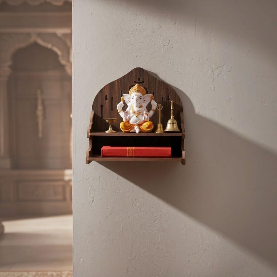HOSTK Wall Mounted Wooden Temple for Home | Pooja Mandir Shelf with Om Design | MDF Wall Hanging Temple for Ganesh Idol, Diya & Incense Holder | Home Temple Decor for Living RoomOffice (Brown)