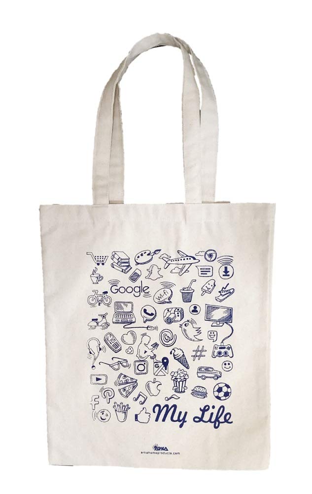 Arka Home Products Cotton My Life Printed Canvas Tote Bag, 17x14 Inch (Off-White)