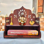 GLCW OM Design Wooden Pooja Temple for Home, DIY Assembly, 21x21.5x20.5 cm, with 6 Bells and Floral Design, Brown