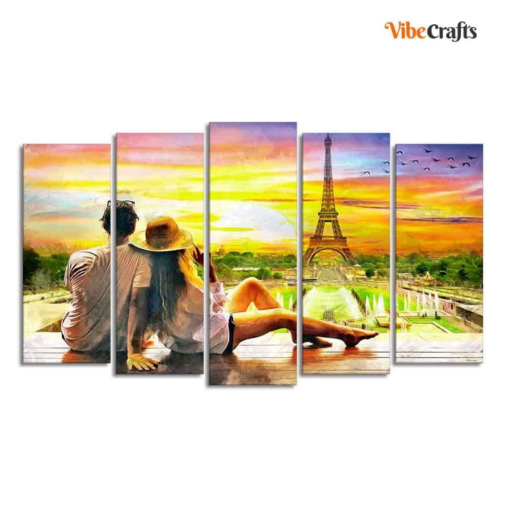 VIBECRAFTS Couple Watching Sunset Paris Canvas Wall Painting of Five Pieces For Home|Office|Living Room|Gift (PTVC5Pcs2_6543)