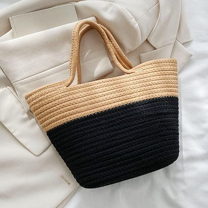BEAUTIFUL HOMMIES Attractive Hand Bag |large Tote Bag |Summer Bag | Bucket Bag | Basket Bag | Bamboo Tote | Beach Bags for Women|Boho Bag|Handbag |Jute Bag |Handmade Bag (BEIGE AND BLACK SYYLISH)
