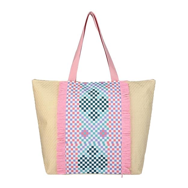 ASIAN Beach Tote Bag with Rope Handles For Women & Girls Beige with Pink Palm Print | Large Shoulder Bag, Stylish Designer Handbag, Lightweight, Perfect for Office Bag, College Bag & Shopping Use