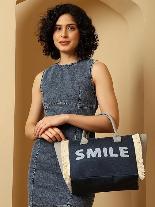 ASIAN Tote SMILE Women’s Canvas Tote Bag Navy Blue Handbag with Fringe Sides, Casual Shoulder Bag for Office, Shopping & College