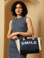 ASIAN Tote SMILE Women’s Canvas Tote Bag Navy Blue Handbag with Fringe Sides, Casual Shoulder Bag for Office, Shopping & College
