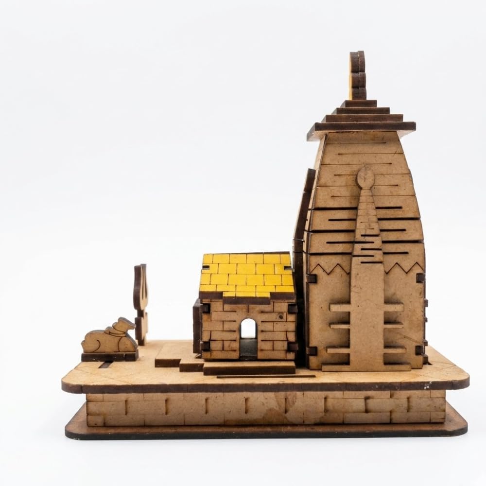 Handcrafted Wooden Kedarnath Temple Model with Trishul – Miniature Lord Shiva Temple Showpiece for Home Décor, Pooja Room, Office Desk, Spiritual Gift & Souvenir Item (11.43 x 7.62 x 11.43 cm)