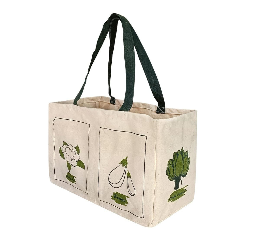 Raisa Handloom Cotton Canvas Reusable Vegetable Bag/Multi-pocket compartment bag/Grocery Bag/Carry Bag/Shopping Bag with 6 Pockets ALT_045 (Size : M)