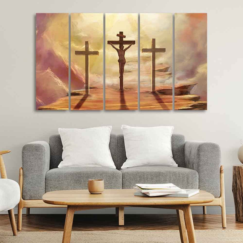 VIBECRAFTS Jesus Cross with Moon Dark Background Five Pieces Canvas Wall Painting For Home|Office|Living Room|Gift (PTVC5Pcs4_8588)