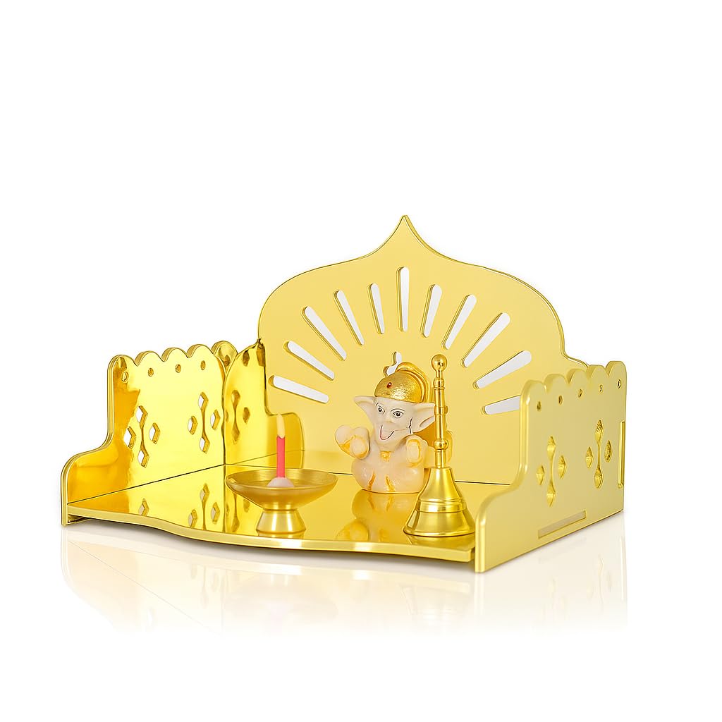Fliptic Small Acrylic Wooden Gold Temple DIY || Wall-Mounted Pooja Mandir, Shining Finish for Home, Office, Shop || Wall Mounted Small Size Wooden Temple || Gold Colour || Do It Yourself