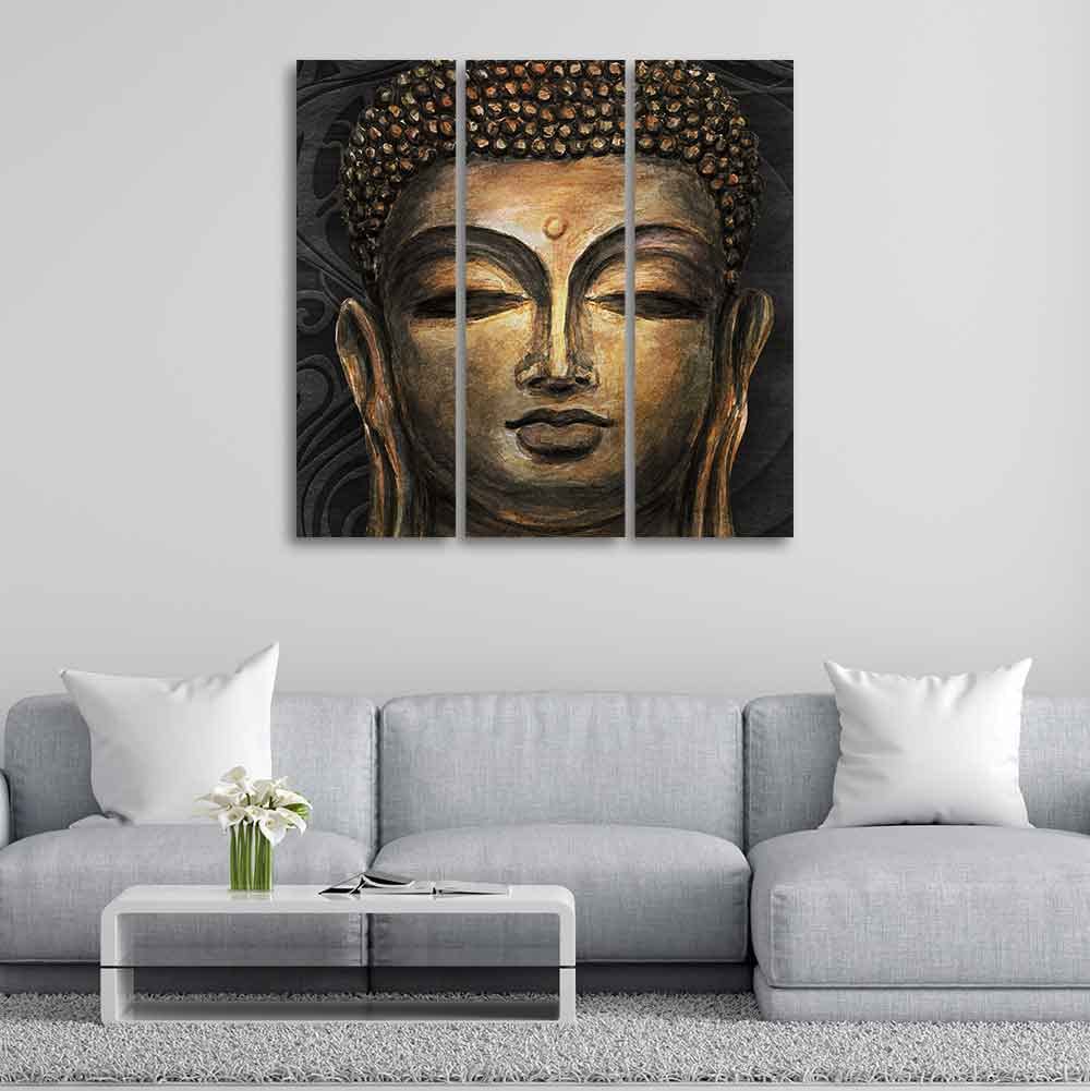 VIBECRAFTS Spiritual Buddha 3 Pieces Canvas Wall Painting Fitted With Wooden Frame For Home | Office | Living Room | Gifts (PTVC3Pcs1_9501)