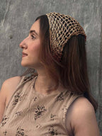 Hair Drama Co. Boho Crochet Scarf For Women | Small Size Golden Crochet Headscarf | Bohemian Bandana Scarves | Metallic Thread Headband Scarfs for All Seasons
