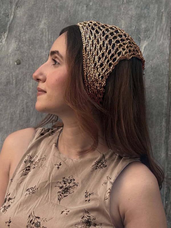 Hair Drama Co. Boho Crochet Scarf For Women | Small Size Golden Crochet Headscarf | Bohemian Bandana Scarves | Metallic Thread Headband Scarfs for All Seasons