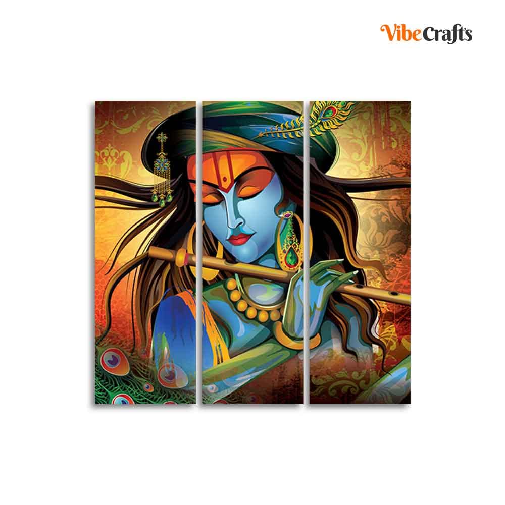 VIBECRAFTS Shri Krishna With Flute 3 Pieces Canvas Wall Painting Fitted With Wooden Frame For Home | Office | Living Room | Gifts (PTVC3Pcs1_9520)