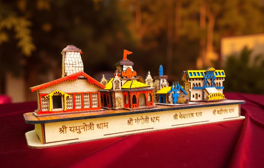 Wooden Chardham Temple Model, 3D Replica of Kedarnath, Badrinath, Gangotri, Yamunotri Temples, Decorative Religious Showpiece for Home Temple, Office, Sculpture