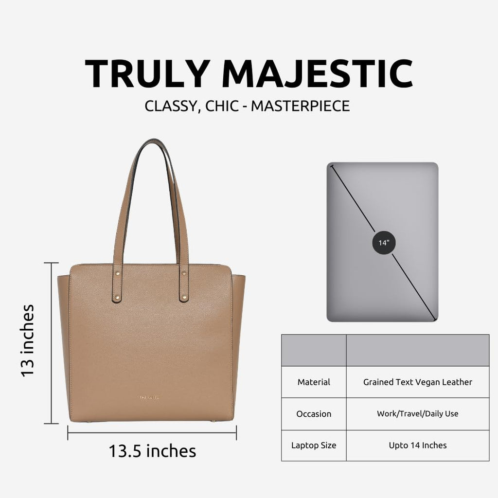 The Gusto Beyond Plus - Premium Vegan Leather Tote Bag for Women, Big Size, Beige | Stylish Handbag for women with Zip Closure | Fit for Office Bag, College, Travel Use | Handcrafted in India