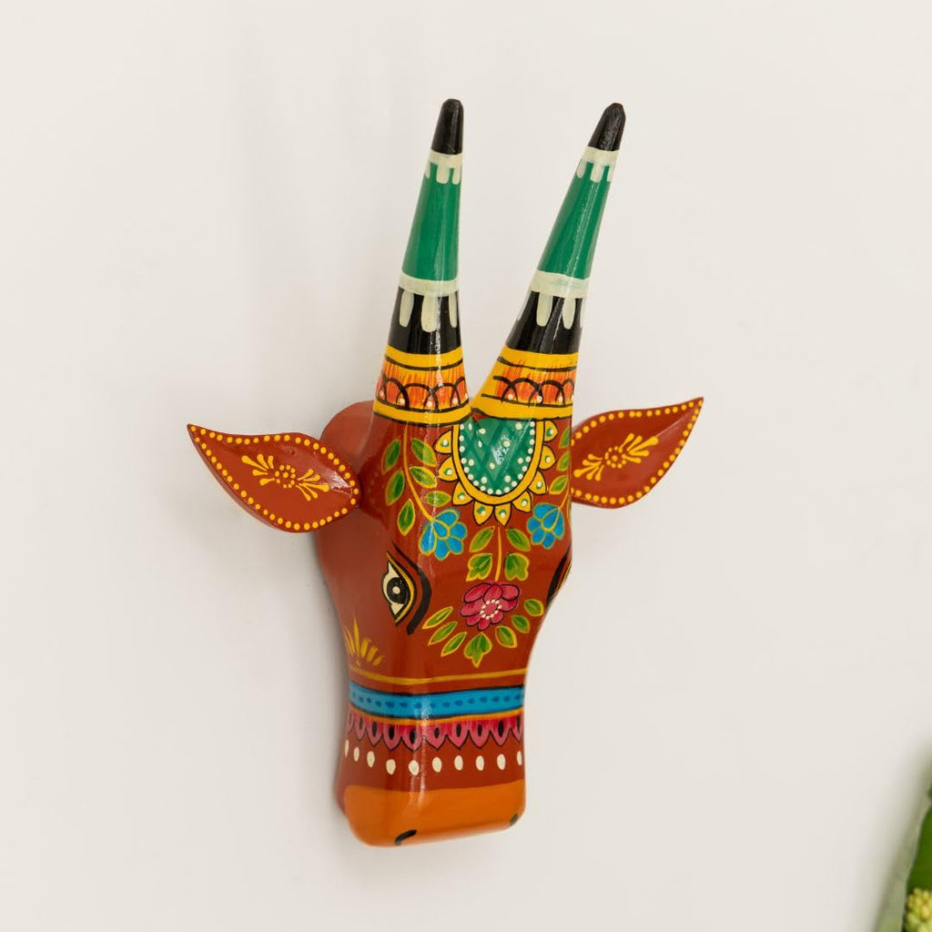 ATRANGI STUDIO Handpainted Wooden Cow Head Wall Decor | Ethnic Wall Art | Symbol of Prosperity | Wall Hanging for Home, Temple & Puja Room | Ready to Hang | 12 Inch, Orange