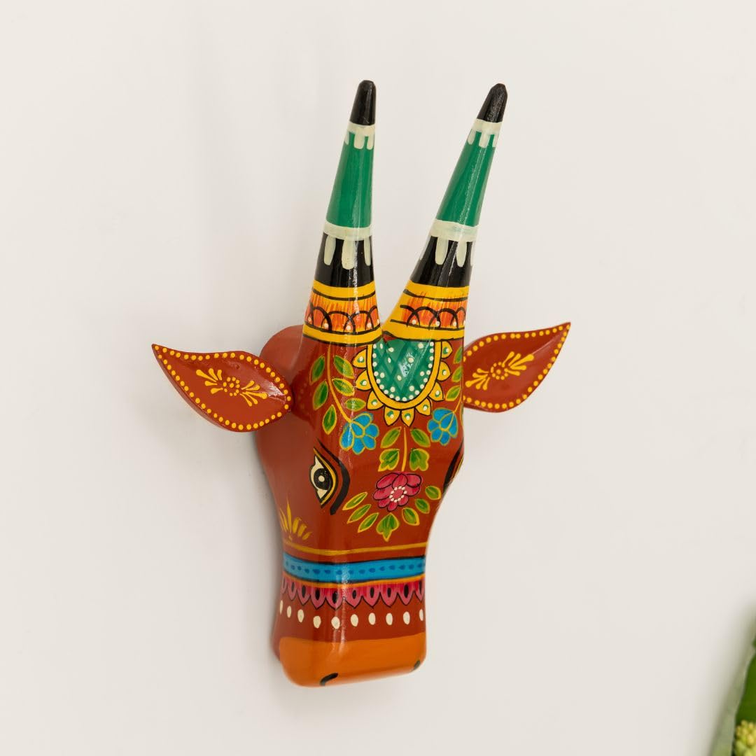 ATRANGI STUDIO Handpainted Wooden Cow Head Wall Decor | Ethnic Wall Art | Symbol of Prosperity | Wall Hanging for Home, Temple & Puja Room | Ready to Hang | 12 Inch, Orange