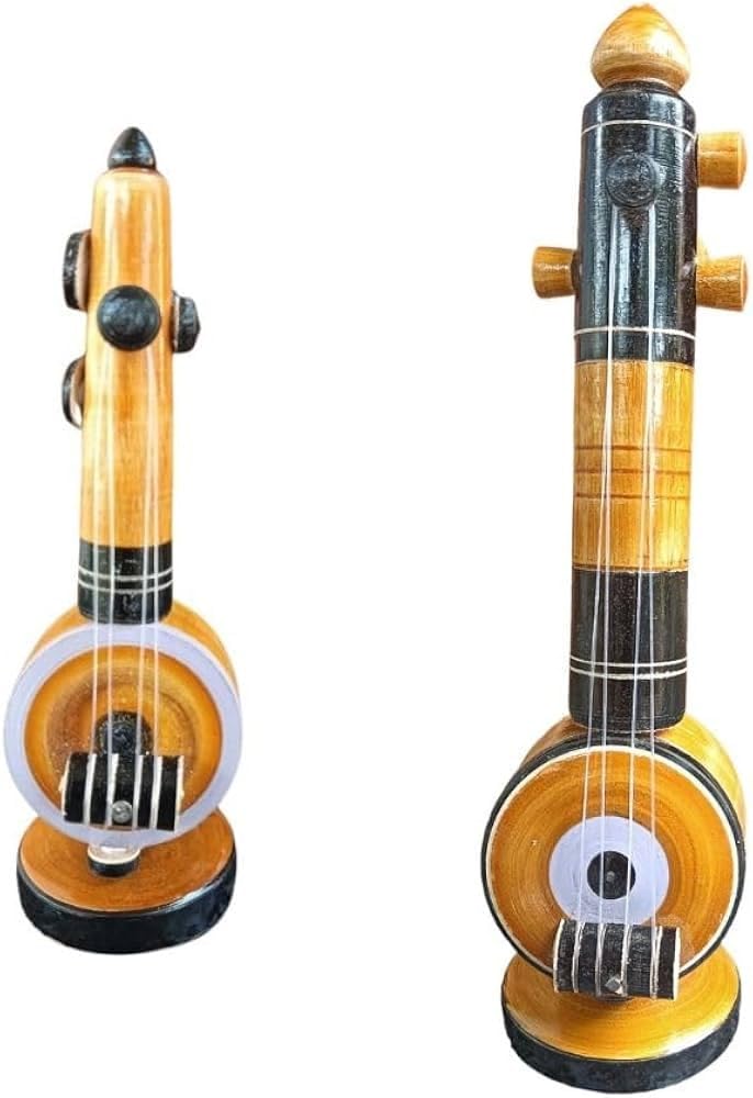 Thiva Handmade Wooden Veena Small and Medium Size Home Decor Gifting Eucalyptus Wooden Veena Musical Instruments Decorative Showpiece (Brown) Combo Pack of 2