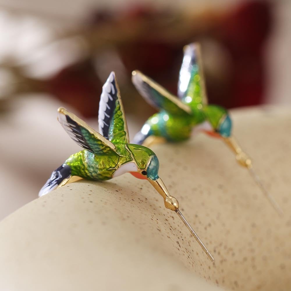 El Regalo Colorful Hummingbird Stud Earrings – Hand-Painted Enamel Bird Hoop Studs for Women & Girls | Elegant Nature-Inspired Fashion Jewelry