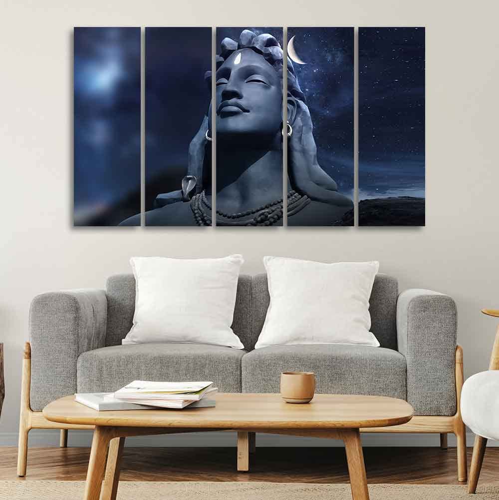 VIBECRAFTS Adiyogi Shiva Statue Canvas Wall Painting of Five Pieces For Home|Office|Living Room|Gift (PTVC5Pcs4_8720N)
