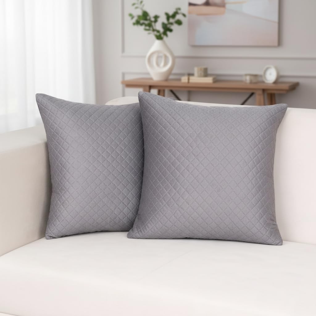 STITCHNEST Quilted Velvet Cushion Covers Set of 2 | Soft Grey | 24x24 Inches | Premium Sofa & Living Room Décor