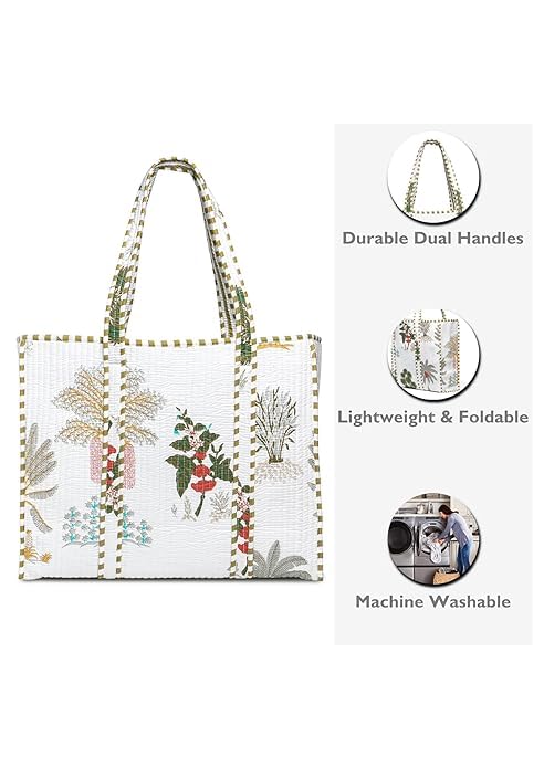Cotton Quilted Tote Bag for Women, Jungle Print Handbag, Reusable Shoulder Bag with Dual Handles, Lightweight Travel Shopping Tote, Large Capacity Everyday Carry Bag - (White bag, 15×15 In)