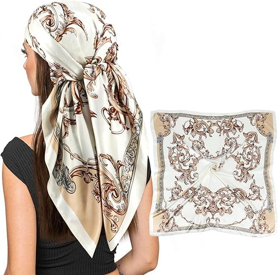 Flavizo Satin Silk Scarf for Women Stylish - White Square Head Scarves | Lightweight Elegant Bandanas for Ladies - White