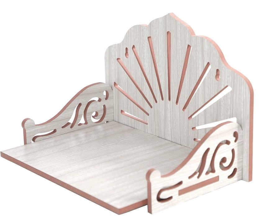 LNSTORE Wooden Wall Mounted Pooja Mandir for Home | Decorative Temple Shelf with Sun Ray Back Panel | Compact Prayer Stand for Idols & Pooja Accessories