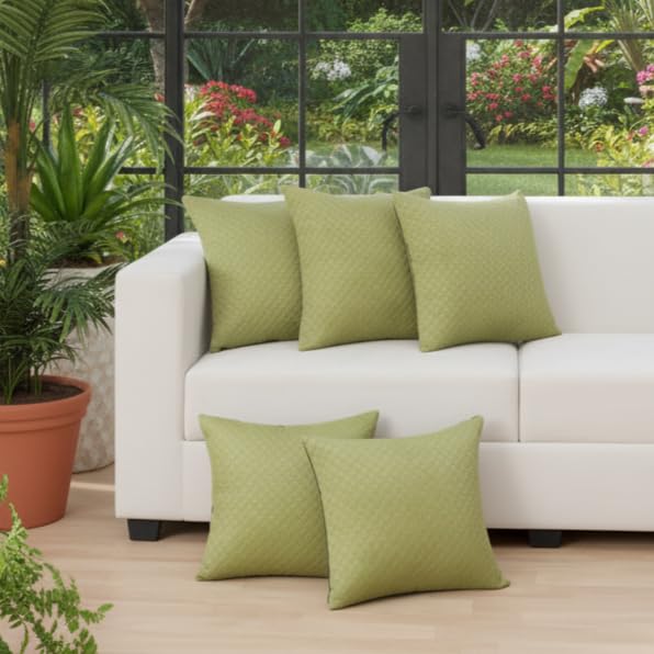 STITCHNEST Quilted Velvet Cushion Covers Set of 5 | Soft Mehndi | 24x24 Inches | Premium Sofa & Living Room Décor