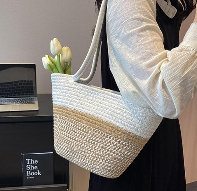 BEAUTIFUL HOMMIES Attractive Hand Bag |large Tote Bag |Summer Bag | Bucket Bag | Basket Bag | Bamboo Tote | Beach Bags for Women|Boho Bag|Handbag |Jute Bag |Handmade Bag (BEIGE WHITE STYLISH)