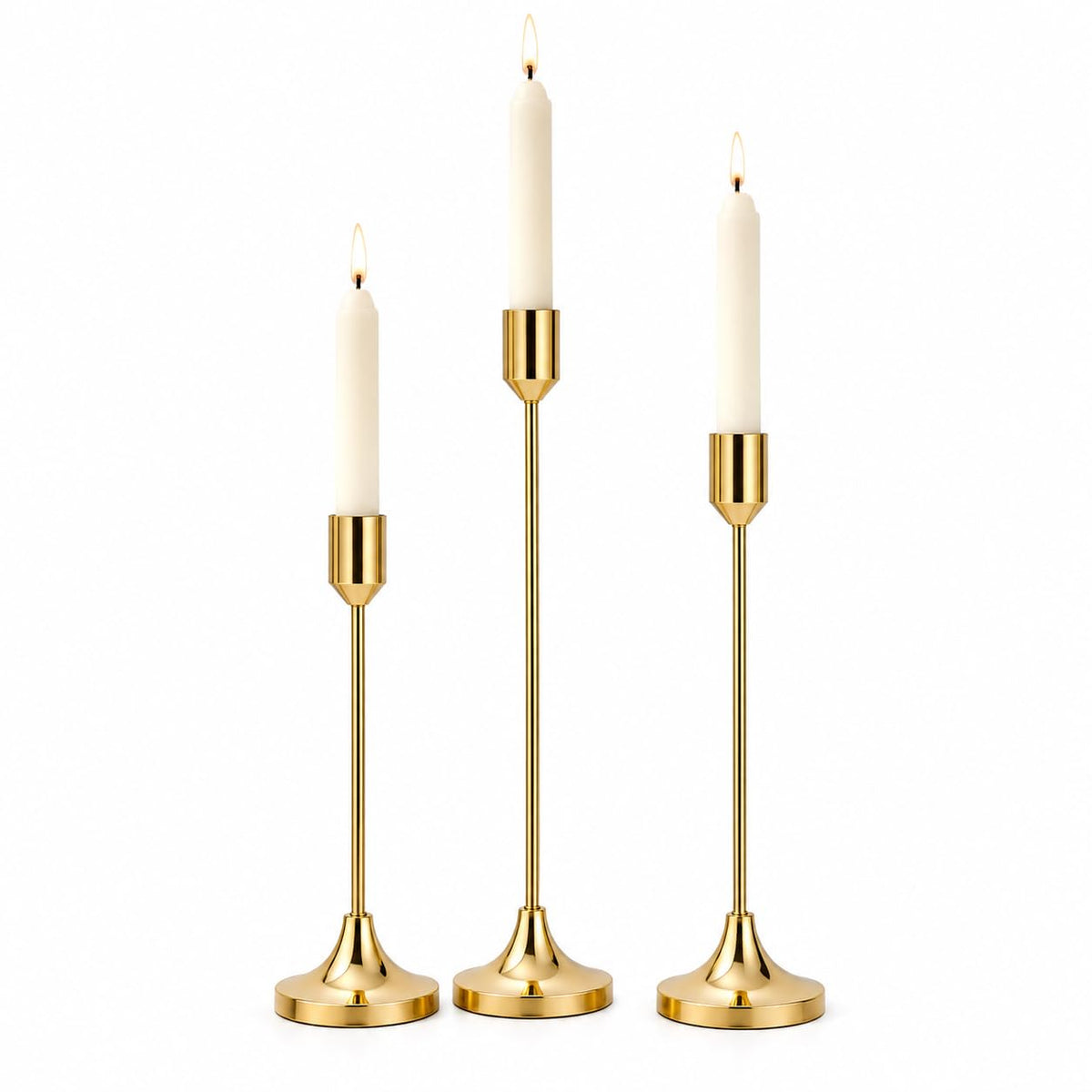 b2 3-Piece Gold Metal Candle Holder Set for Taper Candles, Modern Decorative Candlestick Holders for Dining Table, Wedding Centerpieces, Home Decor & Romantic Dinner Decoration (Gold)