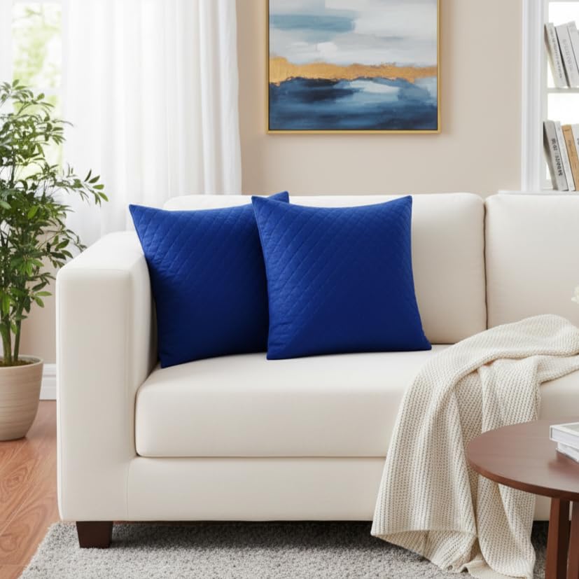 STITCHNEST Quilted Velvet Cushion Covers Set of 2 | Soft Blue | 12x12 Inches | Premium Sofa & Living Room Décor